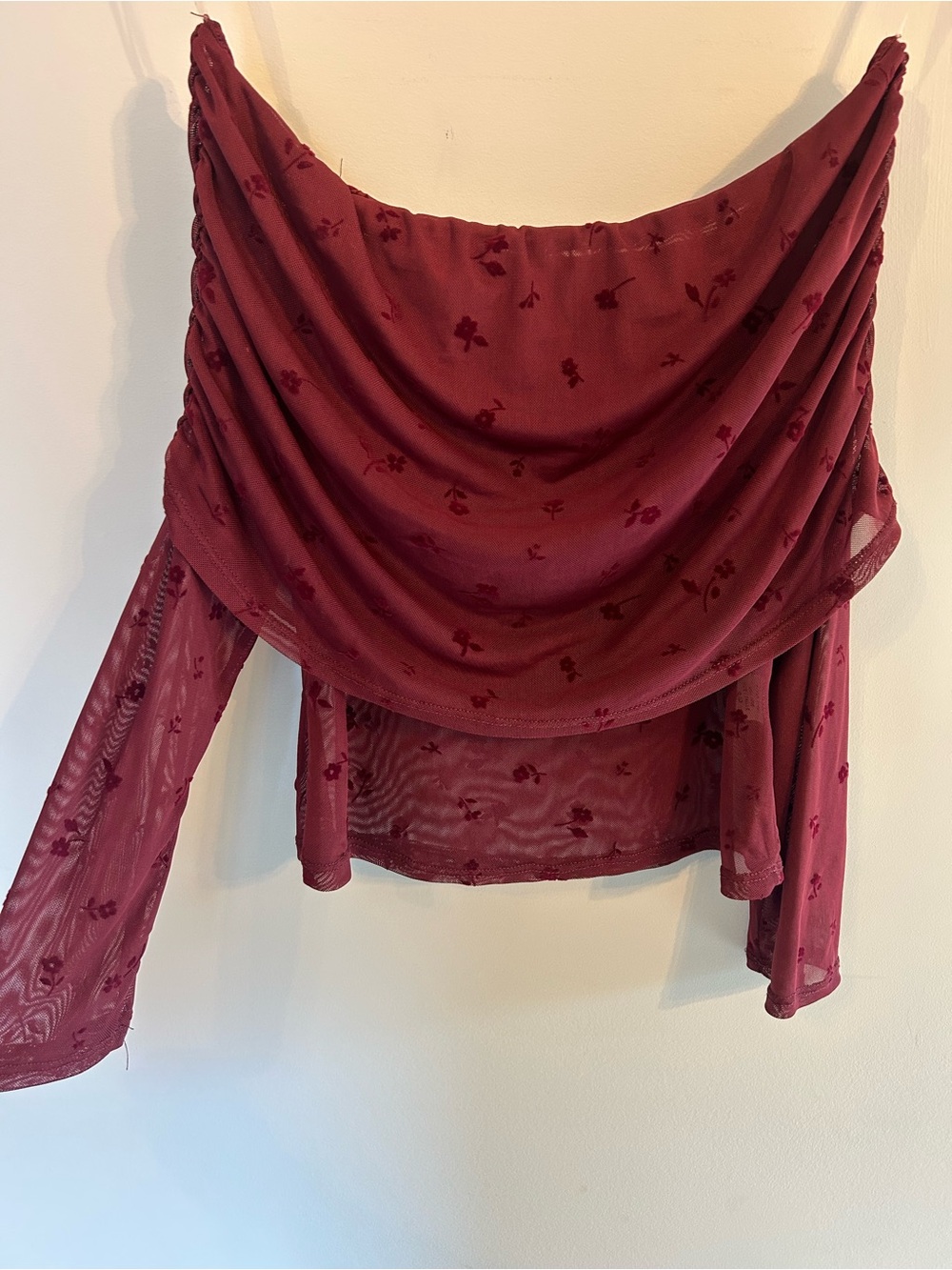 Vintage Y2K Burgundy Off Shoulder Long Sleeve Blouse Top Velvet Floral Feminine